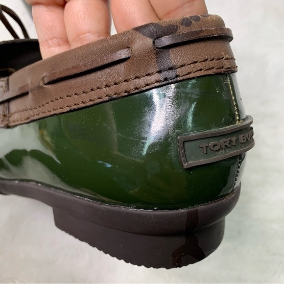 Tory Burch Women's Matthew Duck Boots 8 Green Brown Leather Rubber Rain Shoes - Picture 3 of 16